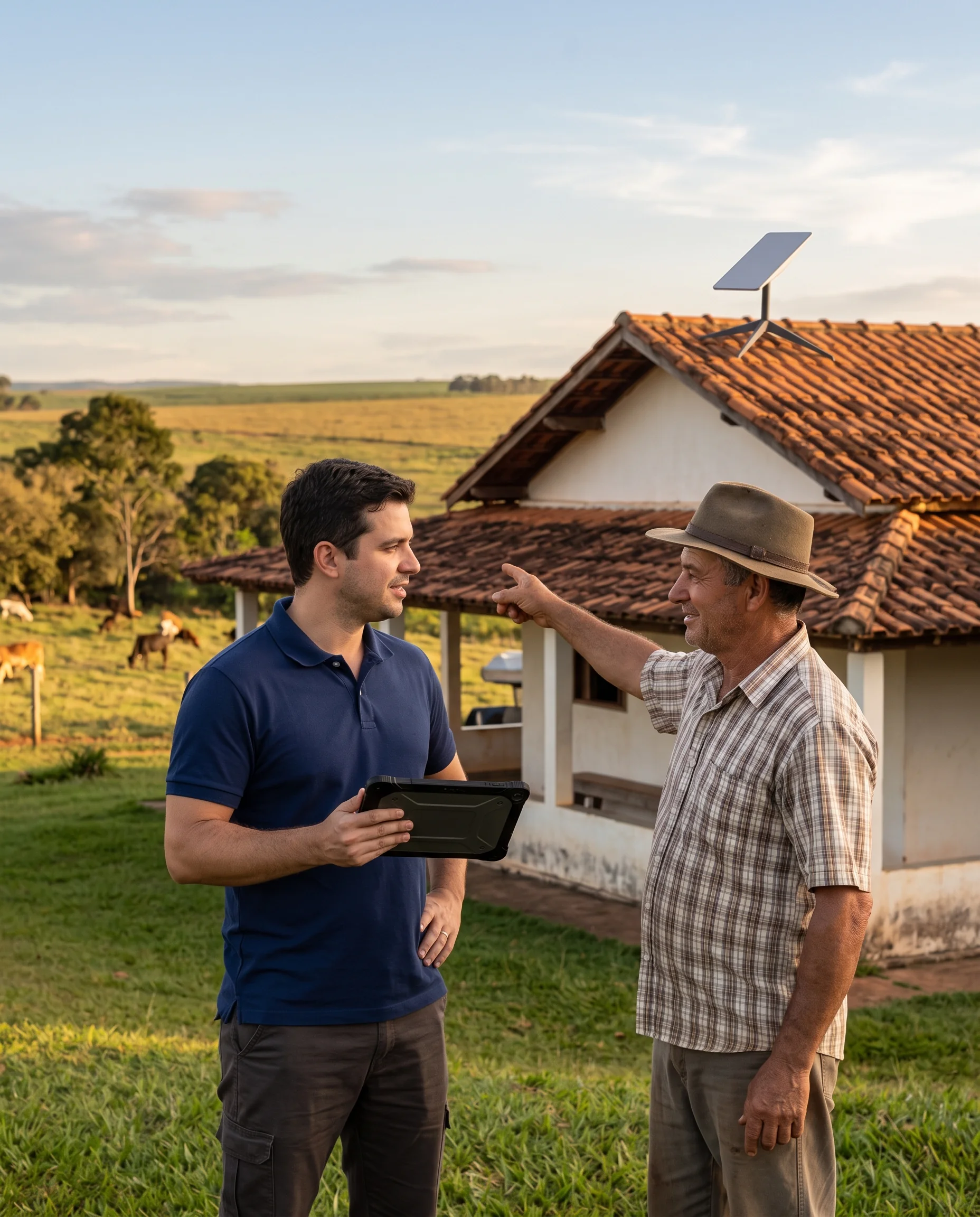 Atendimento da BratelCom conversando com produtor rural na propriedade